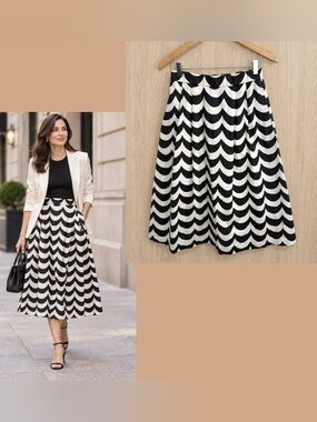 Marimekko x Uniqlo Linen Cotton Black and White Scallop-Print Midi Skirt